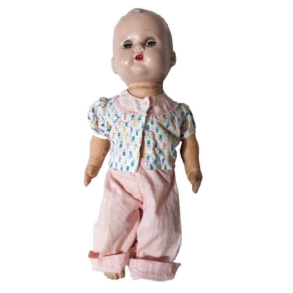 Vintage 1940's Imperial Crown Toy Co. Rubber Baby Doll Green Eyed Outfit USA